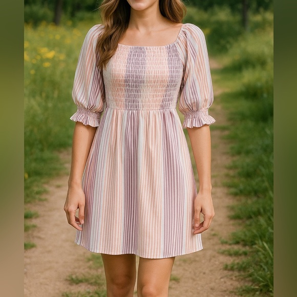 Ophelia Roe Smocked Puff Sleeve Pink & Purple Striped Mini Dress – Size Small - Picture 1 of 8